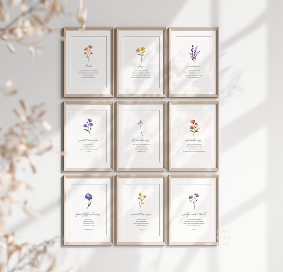 Galatians 5:22-23 Fruit of the Holy Spirit 1, Set of 9 Modern Minimalist Scripture Bible Verse Wall Art, Christian Home Wall Decor Printable