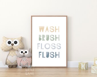 Wash Brush Floss Flush Print, PRINTABLE Typography Bathroom Wall Art, Kids Bathroom Decor, Farmhouse Bathroom Decor, DIGITAL DOWNLOAD