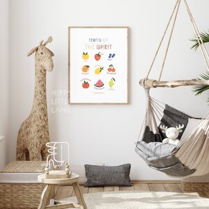 May include: A colorful printable wall art poster with the text "Fruits of the Spirit" and illustrations of fruit representing different virtues, such as love, joy, peace, patience, kindness, goodness, faithfulness, gentleness, and self-control.