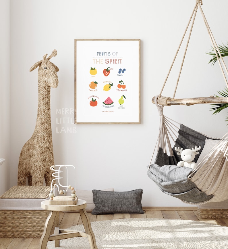 May include: A colorful printable wall art poster with the text "Fruits of the Spirit" and illustrations of fruit representing different virtues, such as love, joy, peace, patience, kindness, goodness, faithfulness, gentleness, and self-control.
