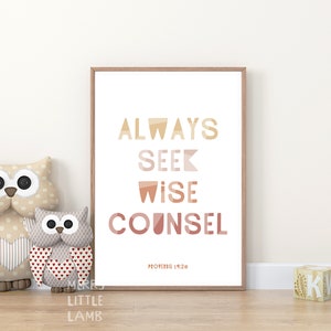 Proverbs 19:20 Always Seek Wise Counsel 2, Children Bible Verse Nursery, Kids Nursery Scripture Wall Art, Christian Nursery Decor