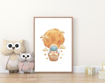 Kleiner Astronaut Floating with the Moon druckbare Wandkunst, Weltraum Kinderzimmer Druck, Weltraum Wandkunst, Astronaut & Mond Druck, Weltraum-Kinderzimmer Dekor
