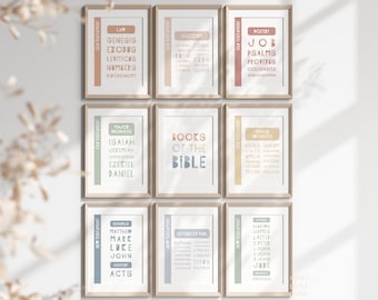 Set van 9 moderne schrift bijbelvers kunst aan de muur, afdrukbaar christelijk onderwijs, katholieke christelijke kleuterschool, decor zondagsschoolklas