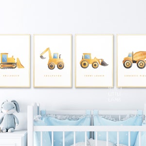 Schattige gele bouwvoertuigen afdrukbare muurkunst, neutrale kinderkamerafdrukken, kinderkamerdecor, kinderbouwdecorposter, kinderkunst aan de muur