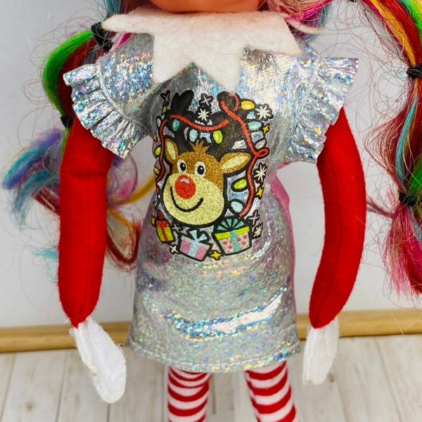 Elf Reindeer Dress| Elf Clothes| Elf Props| Elf Sized Sparkly Dress | Elf Holiday Dress | 1:6 Doll Dress| Miniature Clothing