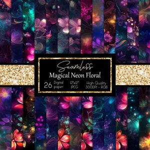 Magical Neon Floral Digital Paper Pack Bright colors scrapbook paper Neon Flowers Seamless Background Neon Abstract Backdrop Download