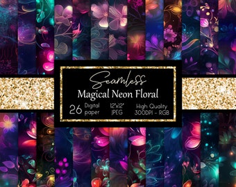Magical Neon Floral Digital Paper Pack Couleurs vives scrapbook paper Neon Flowers Seamless Background Neon Abstract Backdrop Télécharger