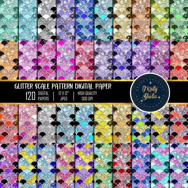Bokeh Glitter Mermaid Scales Digital paper, Fish Scale Textures, Colorful Rainbow Glitter Patterns printable scrapbook paper, Download