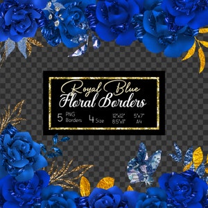 Royal Blue Floral Overlays voor uitnodigingen, Digitale bloemen clipart PNG, trouwframes, dagboekpagina's grens illustraties, Folie Rozen Overlay