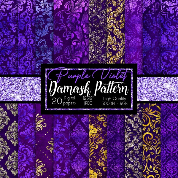 Purple and Violet Damask Digital Paper, Seamless damask Glitter Gold Foil Grunge Patterns Printable Scrapbook Paper Commercial Use, Download