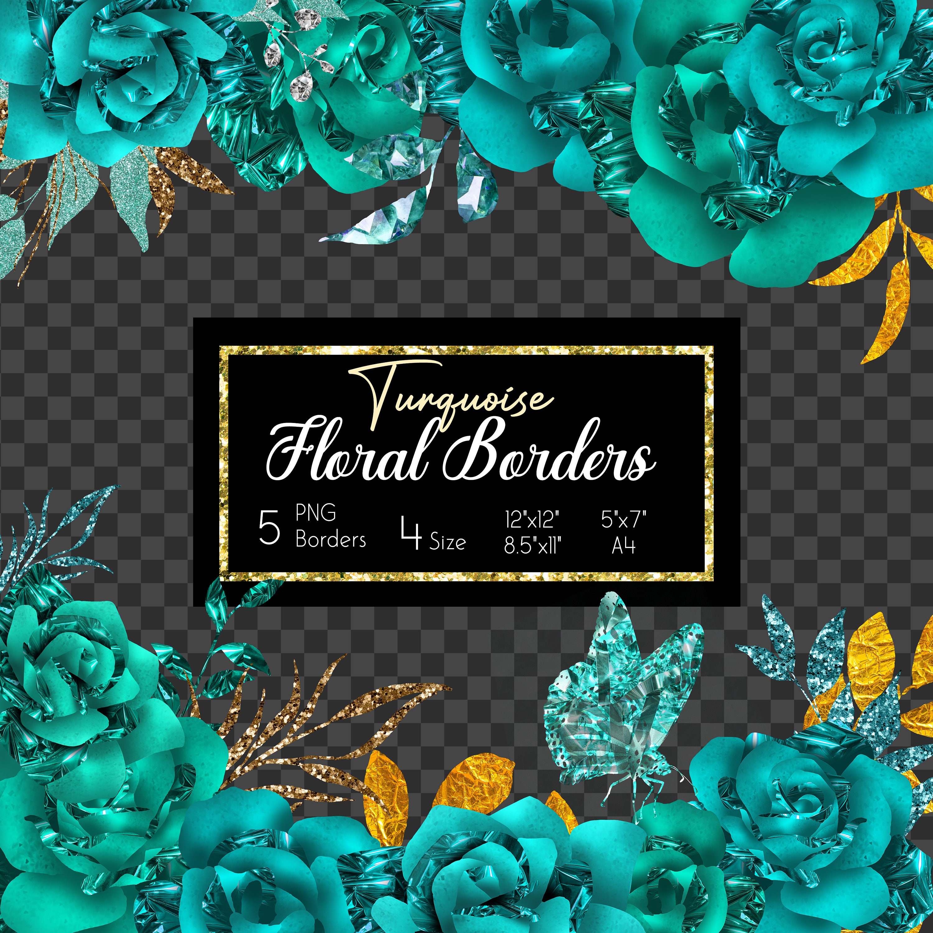 Turquoise Floral Overlays for Invitations, Digital Floral Clipart PNG