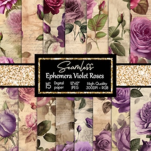 Ephemera Roses Digital Paper Vintage Scrapbook Paper Old Paper Textures Watercolor Roses Printable Seamless Backgrounds Instant Download