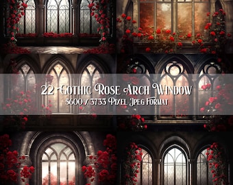 Gothic Rose Window Digital Backdrop Gothic Arches Red Roses Digital Backdrop Overlay Dark Fantasy Digital Backdrop for Photoshop Download