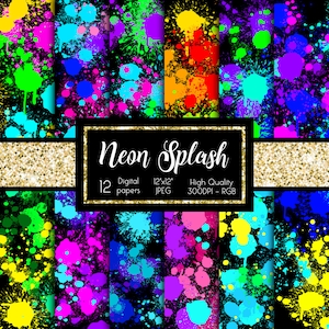Neon Splash Colors Digital Paper Pack, Bright colors scrapbook paper, Digital Neon background, Abstract backdrop, Instant Download