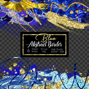 Blue and gold Abstract Border Clipart - Glitter Border Overlay - Clip Art Frame - Digital Glitter Frame - Decorative graphics Borders in PNG