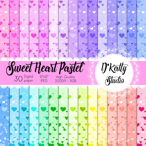 Sweet Hearts Pastel Digital Papers, Love Hearts Confetti Pattern Digital Backgrounds, Valentine Scrapbook paper, Commercial Use, Download