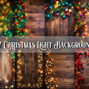 May include: A collection of 27 Christmas light background images featuring a rustic wooden background with various arrangements of twinkling lights, greenery, and red berries.