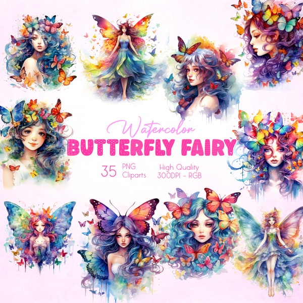 Watercolor Butterfly Fairy Clipart Transparent background Rainbow Butterflies Clipart Instant download For Commercial Use