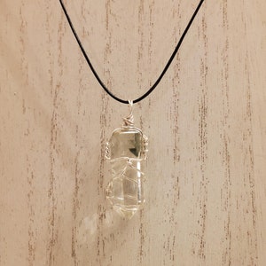 Phantom Quartz  Necklace, Silver over Copper Wrapped, Genuine Leather Cording, Excellent Clarity Quartz