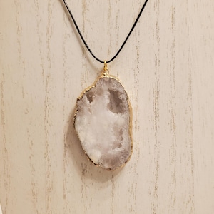 White Quartz Geode Necklace, Gold Electroplated Stone, Leather, Geode Slice
