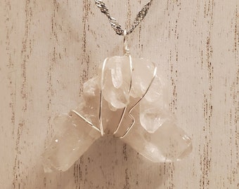 Genuine Clear Quartz  Necklace, Two Points, Silver Wrapped, Stainless Steel Chain