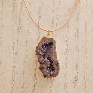 Purple Geode Quartz Necklace, Gold Electroplated Stone, Leather, Geode Slice