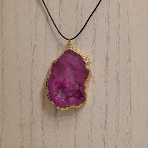 Vivid Pink Geode Quartz Necklace, Gold Electroplated Stone, Leather, Geode Slice