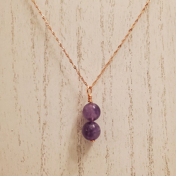 Genuine Amethyst 14K Rose Gold Necklace, Genuine Italian Made Singapore/Twist Chain, Polished Spheres