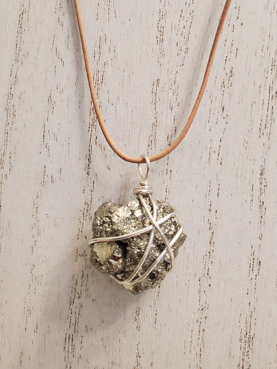 Pyrite Necklace Wrapped in Silver, Genuine Leather Cording