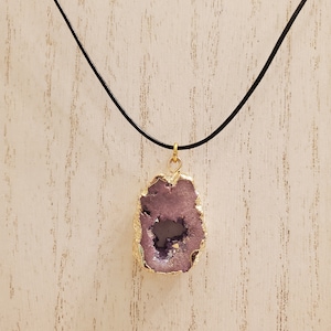 Purple Geode Quartz Necklace, Gold Electroplated Stone, Leather, Geode Slice