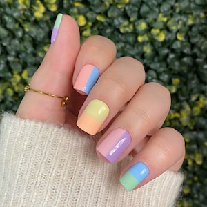 Colourful Rainbow Pastel Nails, Custom Luxury Press On Nails, Nail Art, Hand Painted, Reusable, False Nails, Glue On Nails