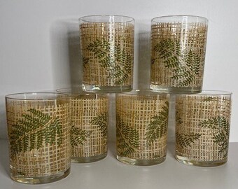 Vintage MCM 1960s Cera bambú y helecho vasos bajos juego de 6