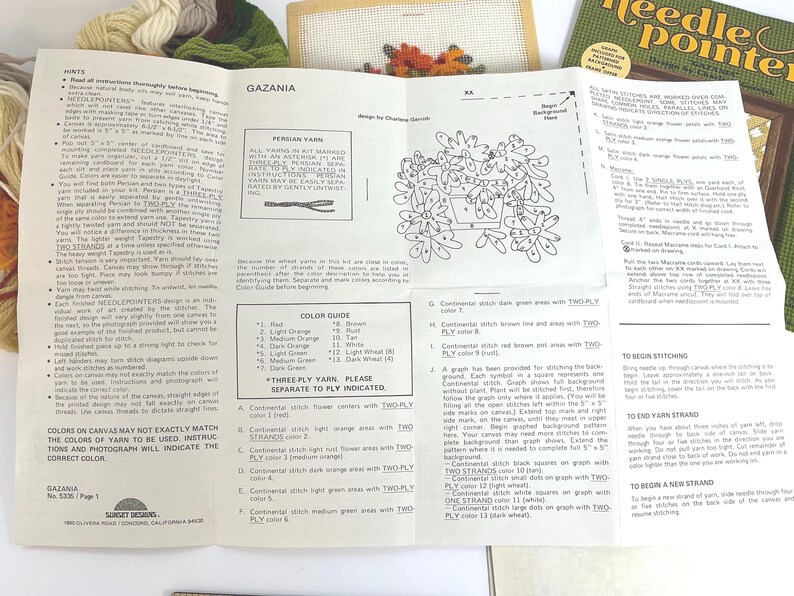May include: A white instructional paper for a Gazania needlepoint kit by Sunset Designs, featuring a black and white line drawing of flowers in a pot, a colour guide, and detailed stitching instructions for the project, with yarn bundles visible.