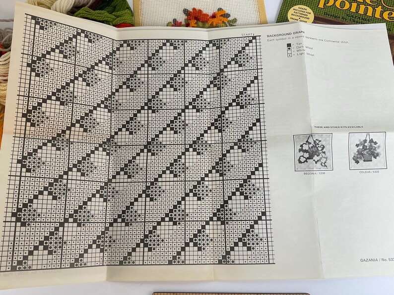 May include: A large, folded paper needlepoint pattern chart featuring a black and white grid design with repeating geometric shapes. The document includes a legend for background colours, instructional text, and small illustrations of finished floral projects.