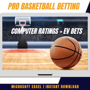 May include: A laptop computer screen displaying a basketball court with a basketball in the foreground. The text on the screen reads "PRO BASKETBALL BETTING", "COMPUTER RATINGS + EV BETS", and "MICROSOFT EXCEL | INSTANT DOWNLOAD". A YouTube icon and a green "X" are visible in the top right corner of the screen.