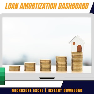 Può includere: Uno schermo di laptop che mostra una grafica di una casa in cima a una pila di monete d'oro, che rappresenta un cruscotto di ammortamento del prestito. Il testo "LOAN AMORTIZATION DASHBOARD" è nella parte superiore dello schermo. Il testo "MICROSOFT EXCEL | INSTANT DOWNLOAD" è nella parte inferiore dello schermo. L'immagine è su uno sfondo blu.