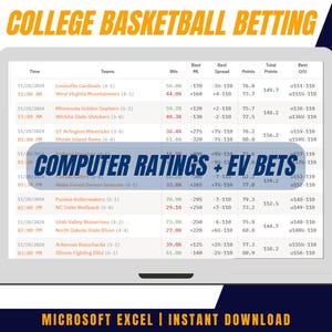 May include: A screenshot of a computer screen displaying a spreadsheet with college basketball betting odds. The spreadsheet includes columns for team name, win percentage, moneyline odds, spread, points, total points, and over/under odds. The spreadsheet is titled "COMPUTER RATINGS + EV BETS".