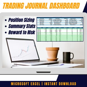Może przedstawiać: Laptop wyświetlający arkusz kalkulacyjny zatytułowany "Trading Journal Dashboard". Arkusz zawiera dane dotyczące rozmiaru pozycji, statystyk podsumowujących i stosunku ryzyka do zysku. Laptop stoi na biurku z rośliną i kubkiem do kawy.