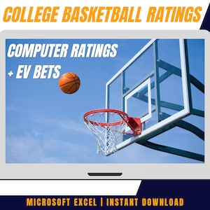 Può includere: Uno schermo di computer portatile che mostra una palla da basket che passa attraverso un canestro con il testo "COLLEGE BASKETBALL RATINGS", "COMPUTER RATINGS" e "EV BETS". Il testo "MICROSOFT EXCEL | INSTANT DOWNLOAD" è visualizzato sotto il computer portatile. Un'icona di tutorial di YouTube e un'icona di foglio di calcolo sono visualizzate sul lato destro dell'immagine.