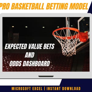 Peut inclure: Un écran d'ordinateur portable affiche un panier de basket-ball et le texte "PRO BASKETBALL BETTING MODEL". L'écran affiche également "EXPECTED VALUE BETS AND ODDS DASHBOARD". Une vidéo YouTube et une icône Excel sont également visibles.