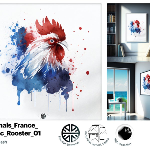 Regal Rooster Watercolor Art | Gallic Symbolism Digital Print | French Country Decor Download | Proud Cock Artistry