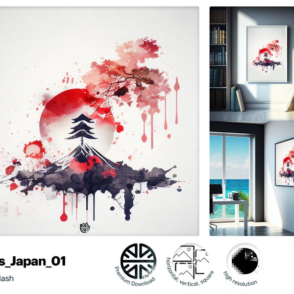 Watercolor painting, Japanese flag, Gift for Japan Lover, Aquarell