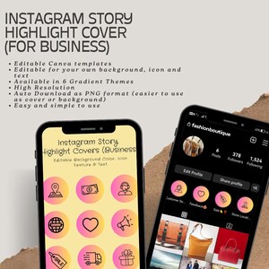 May include: Two smartphones displaying Instagram Story highlight covers. One phone shows a set of pink and yellow icons, while the other displays a business profile with a black background and pink highlight covers.