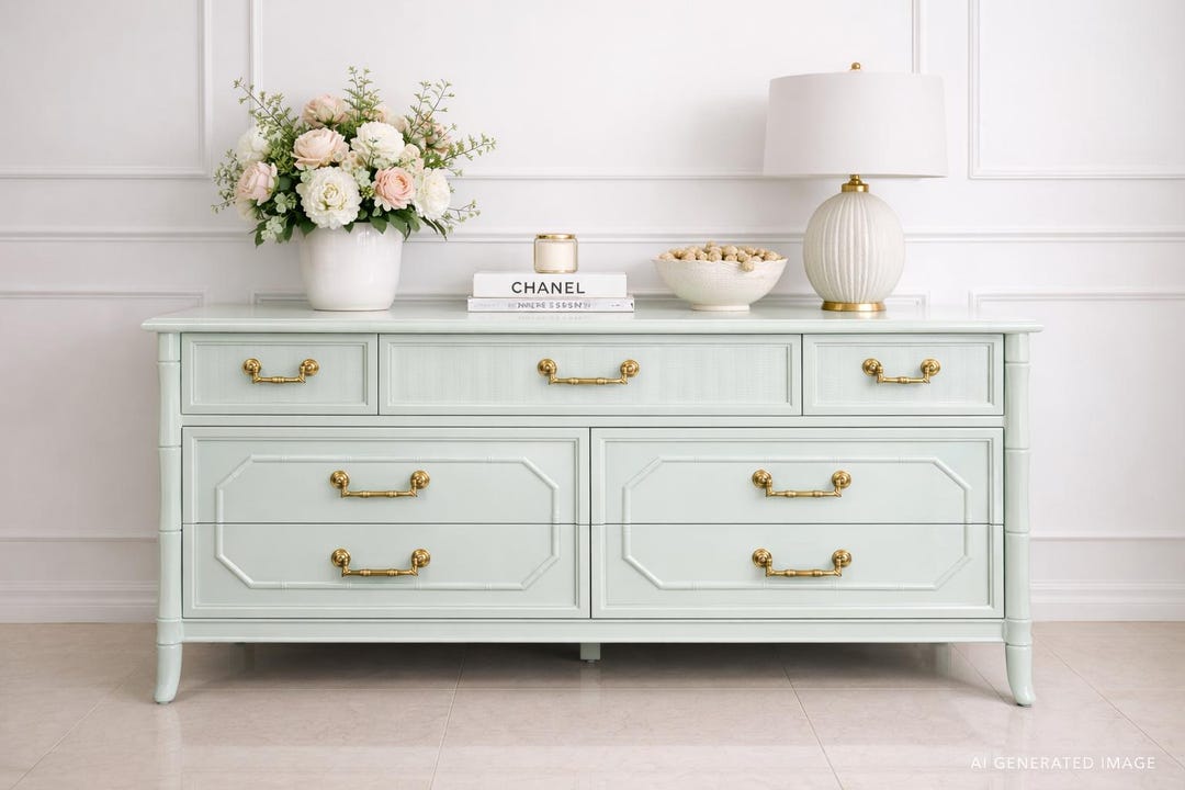 Vintage Broyhill Faux Bamboo Dresser | Lacquered 7-drawer