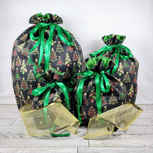 O Christmas Tree - 100% Cotton Drawstring Gift Bag, Holiday Fabric Reusable Gift Wrap, Eco-Friendly Christmas Wrapping Unpaper, Santa Sack