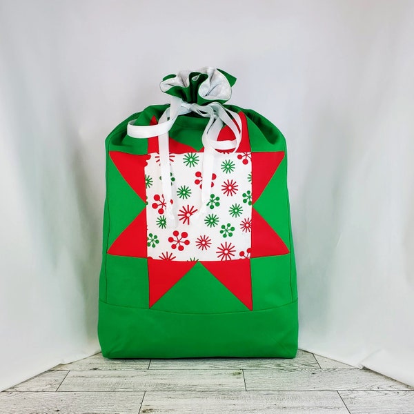 Fun Flakes Sawtooth Star - Christmas Themed 100% Cotton Patchwork Drawstring Gift Bag