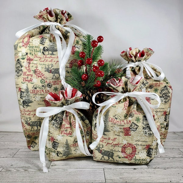 Joyeux Noel - 100% Cotton Drawstring Gift Bag, Holiday Fabric Reusable Gift Wrap, Eco-Friendly Christmas Wrapping Unpaper, Santa Sack