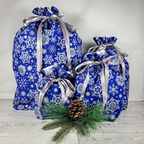 Silver Snowflakes - 100% Cotton Drawstring Gift Bag, Holiday Fabric Reusable Gift Wrap, Eco-friendly Christmas Wrapping Unpaper, Santa Sack