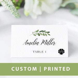 PRINTED Greenery Place Card with Meal Choice Icon, Folded Seating Card, Custom Wedding place Card, Table Place Card, Dinner Table Card