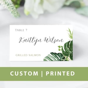 Tarjetas de lugar de Monstera impresas, tarjeta de nombre personalizada con vegetación tropical, tarjeta de boda de Monstera, tarjetas de nombre de mesa, tarjeta de asiento plegable, decoración de mesa